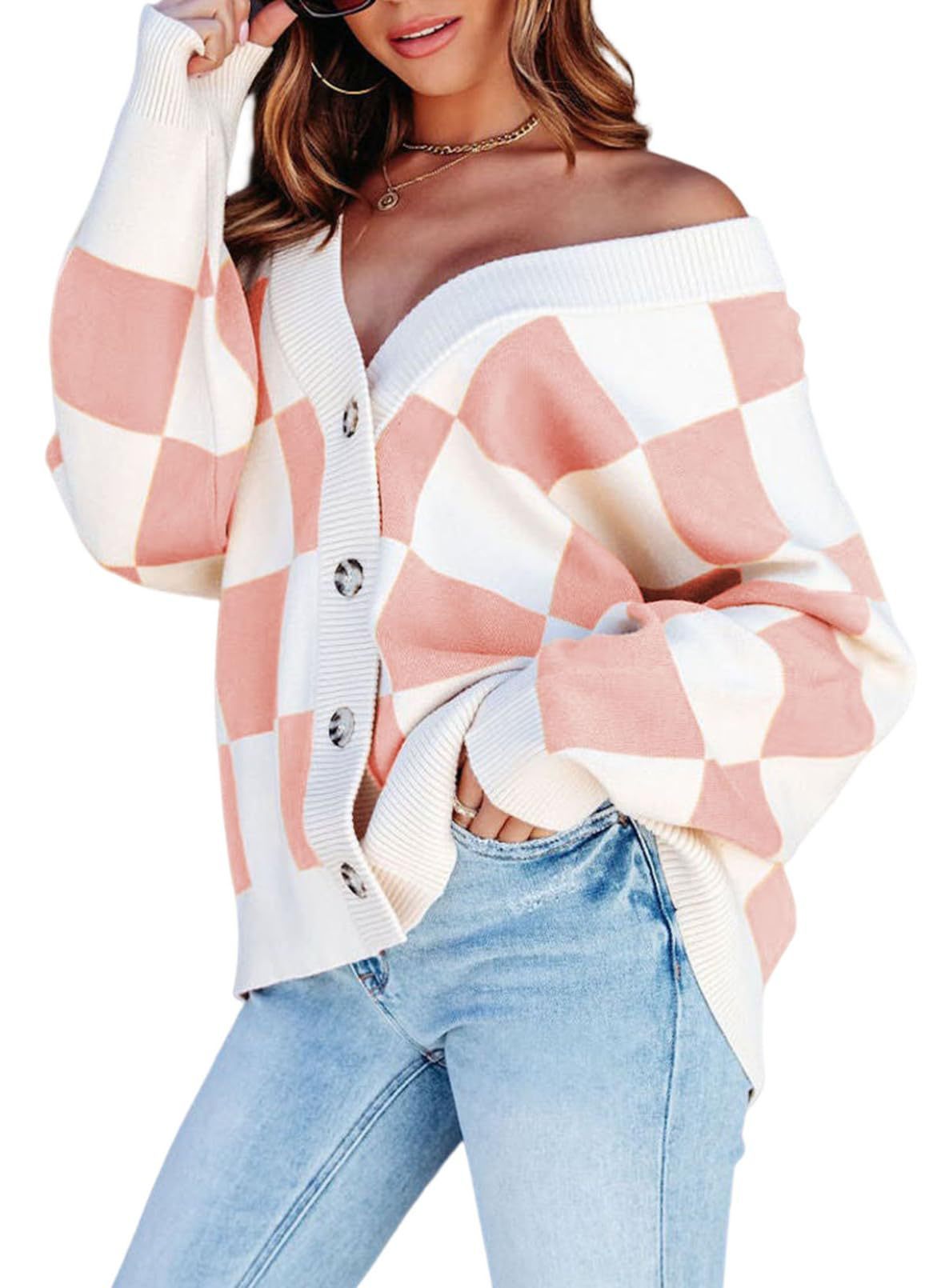 Women's Checkered Knitted Cardigan Pink