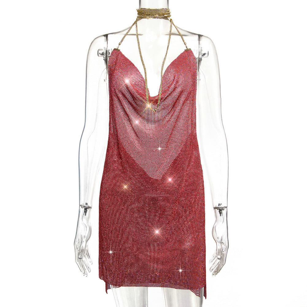 Backless Metal Sequins Brace Halter Dress Red