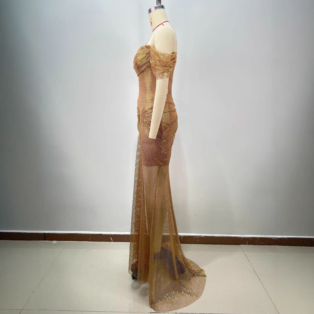 Elegant Golden Off-shoulder Backless Slim Fit Pleated Floor Dress