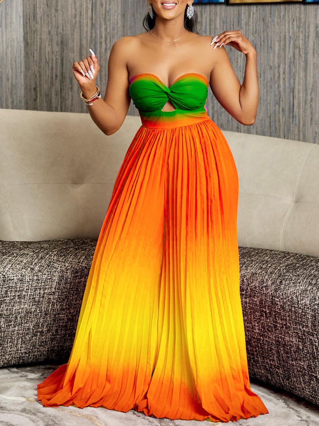Summer Sexy Tube Top Backless Gradient Color Wide Leg Jumpsuit