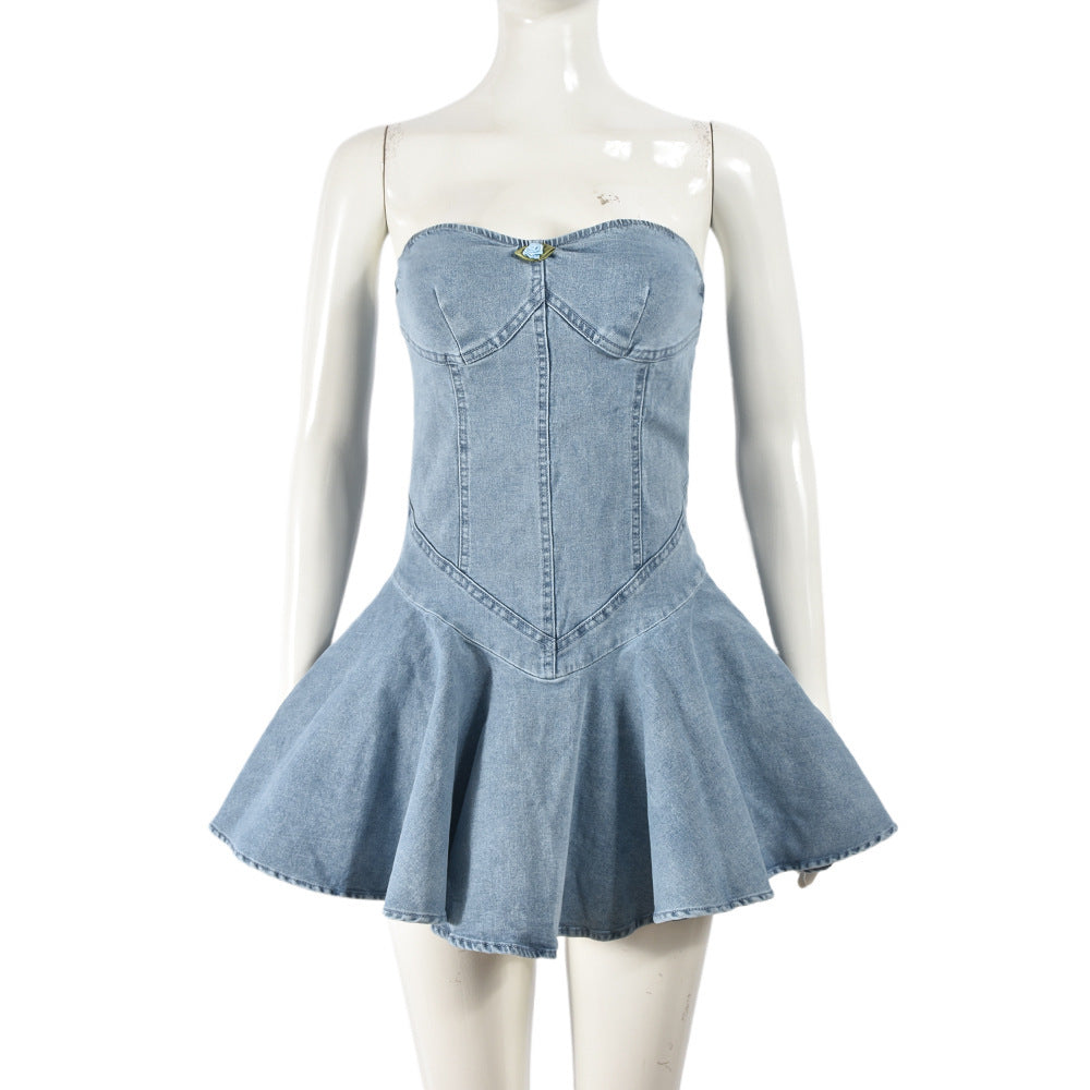 Denim Wash Water Wrapped Chest Backless Zipper Flounced Dress