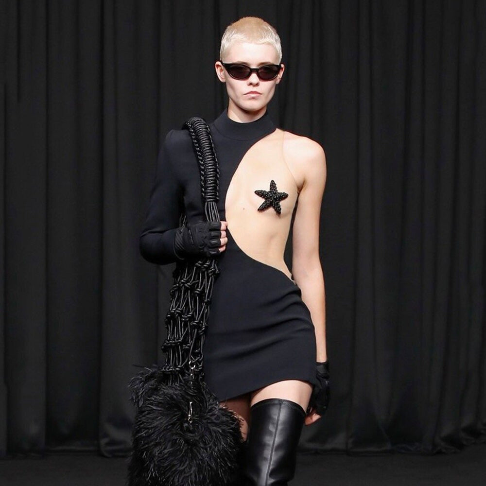 Mesh Five-pointed Star Beaded Bandage One-piece Dress