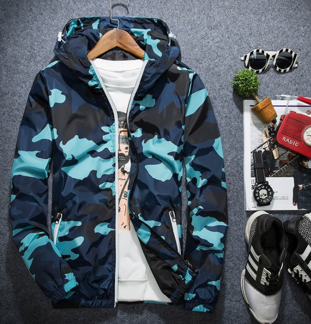 Camouflage Jackets Casual Mens Hooded Luminous Zipper Jacket Blue