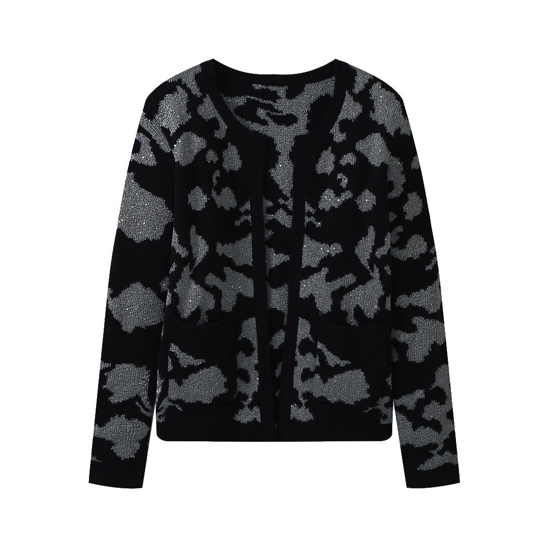 Beads Decoration Thread Knitted Coat Black