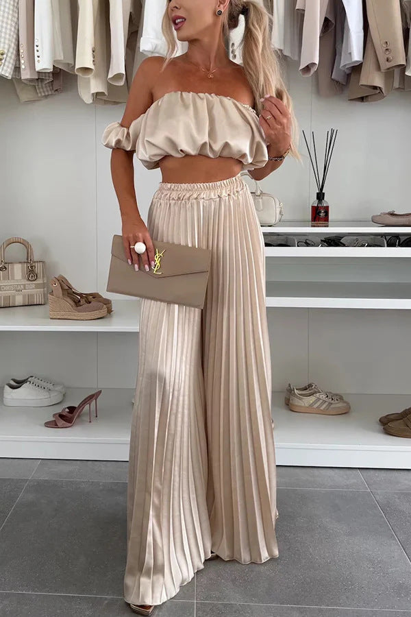 Women's Satin Tube Top Wide Leg Pants Suit Khaki H