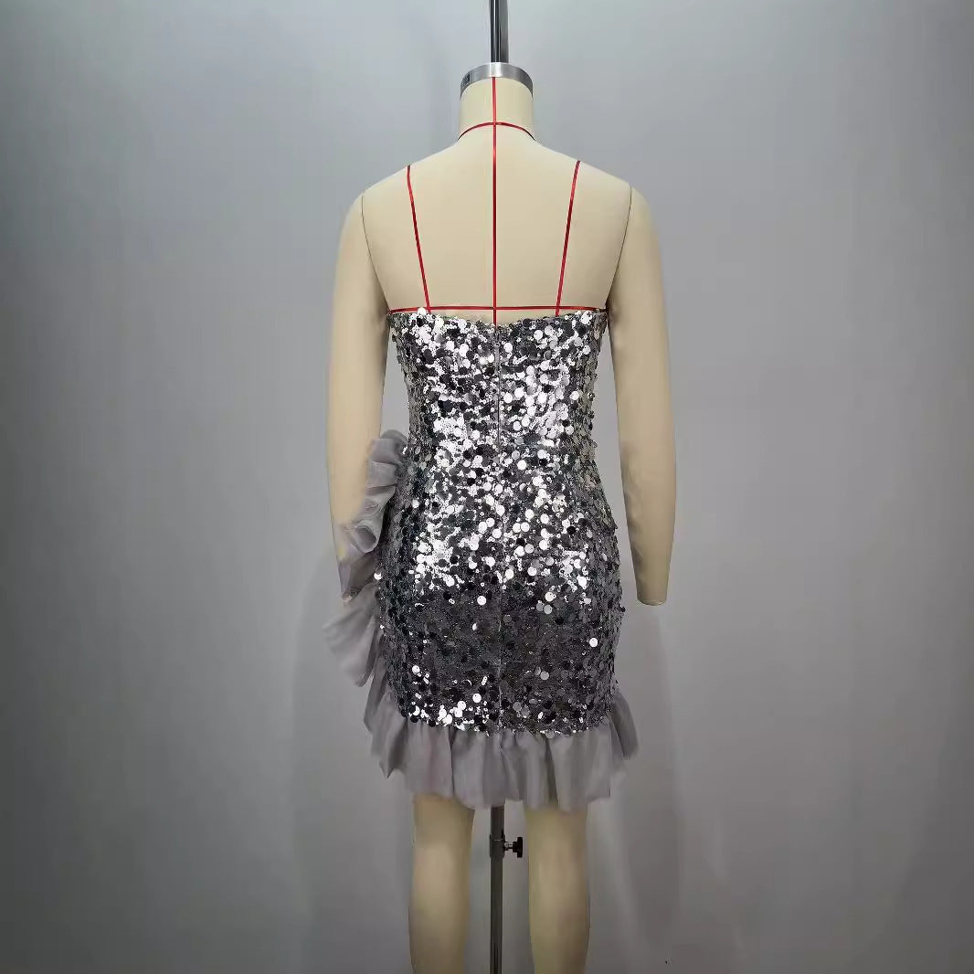 Backless Off-shoulder Tube Top Sequined Pleated Dress