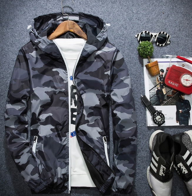 Camouflage Jackets Casual Mens Hooded Luminous Zipper Jacket Grey