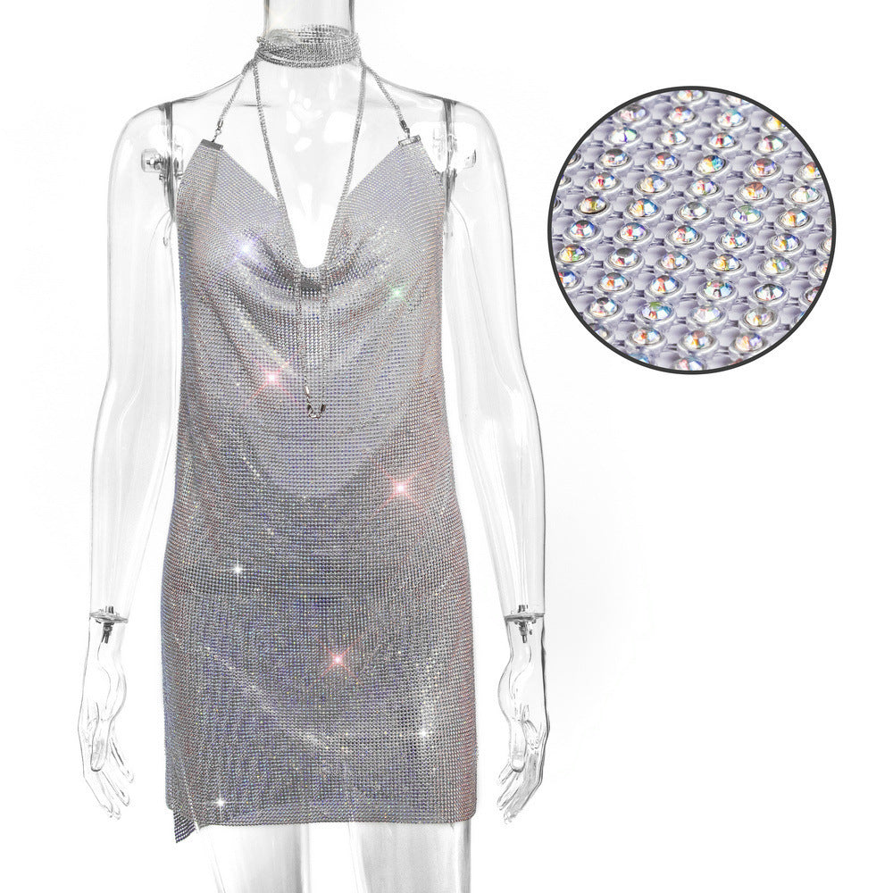 Backless Metal Sequins Brace Halter Dress Silver AB