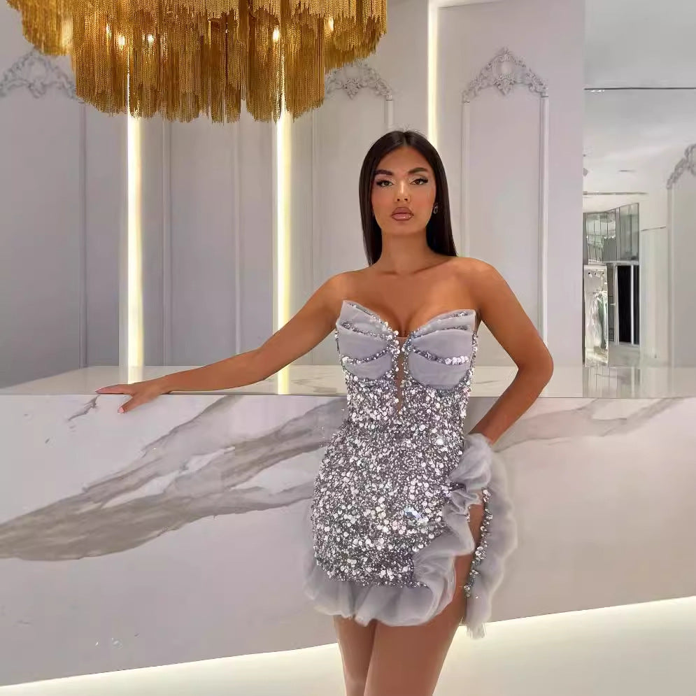 Backless Off-shoulder Tube Top Sequined Pleated Dress Light Gray