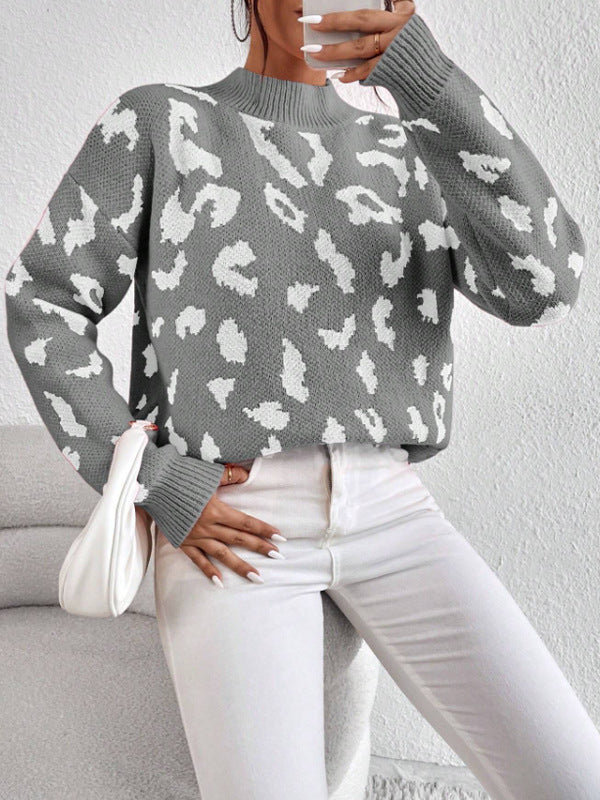 Spring And Autumn Temperament Leopard Print Jacquard Top Gray