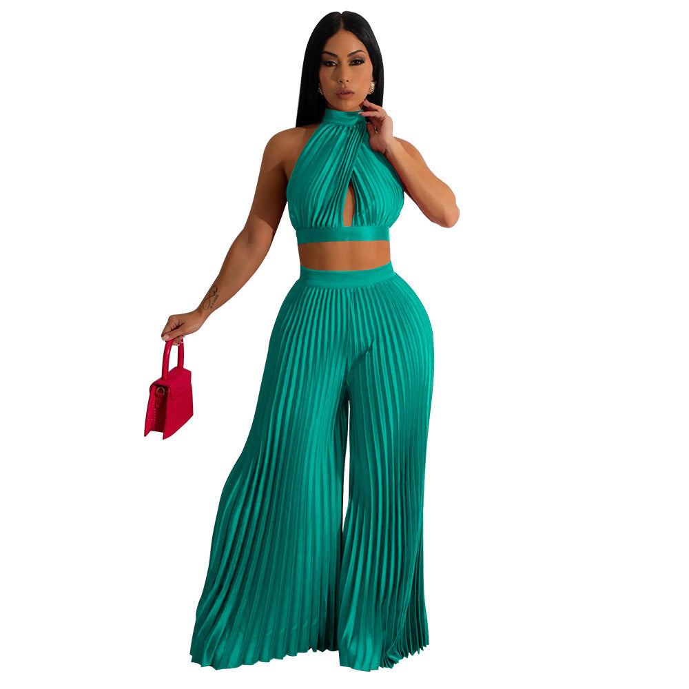 Women's Halter Silk-like Pleated Wide-leg Pants Two-piece Set Green