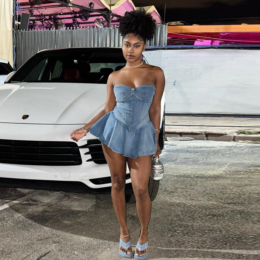 Denim Wash Water Wrapped Chest Backless Zipper Flounced Dress