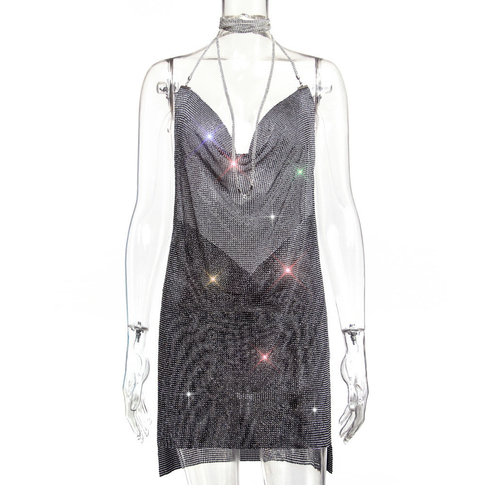 Backless Metal Sequins Brace Halter Dress Black