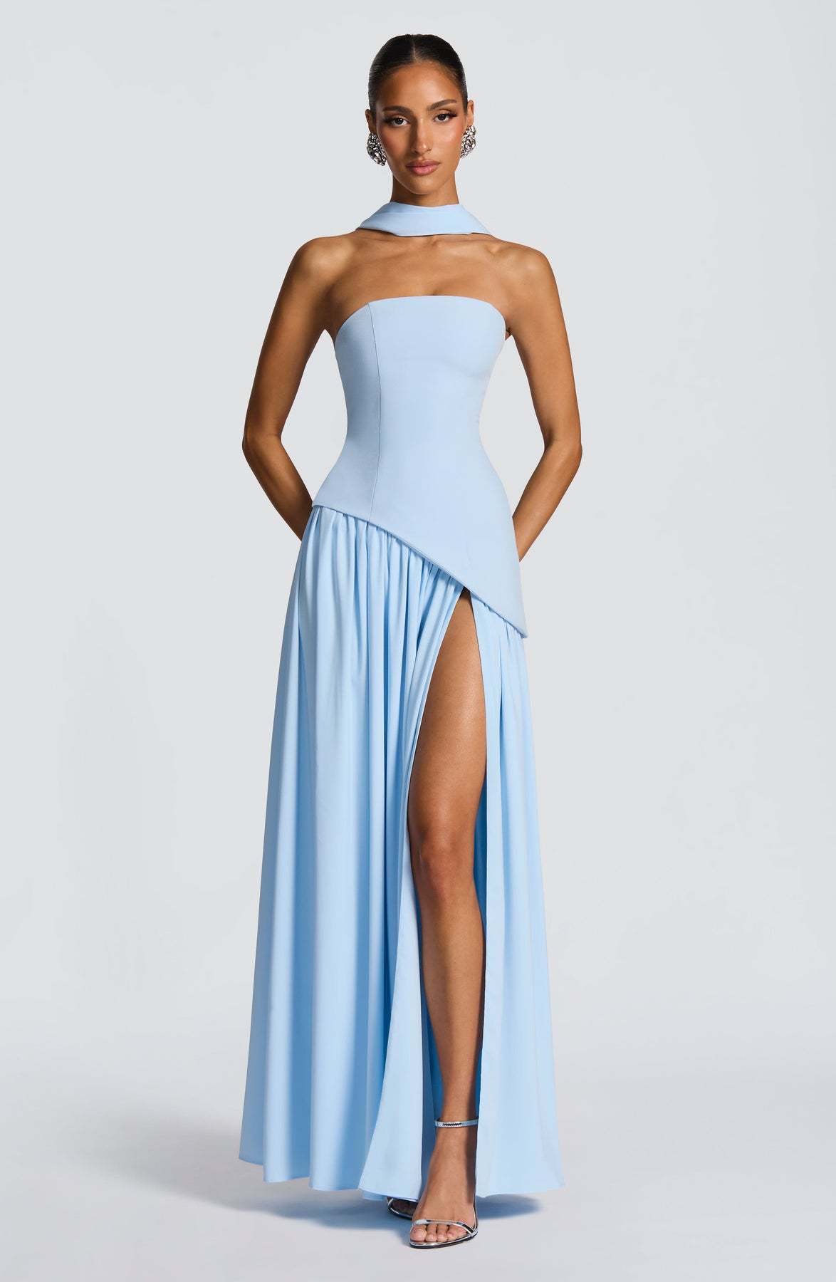 Sexy Backless Tube Top Split Dress Light blue