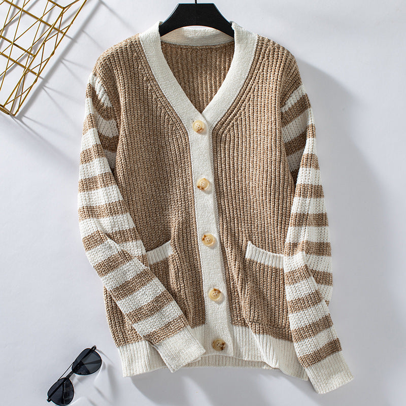 Women's Striped Loose Button Sweater Khaki H