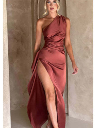 Sexy One-shoulder Backless Slit Dress Light Brown
