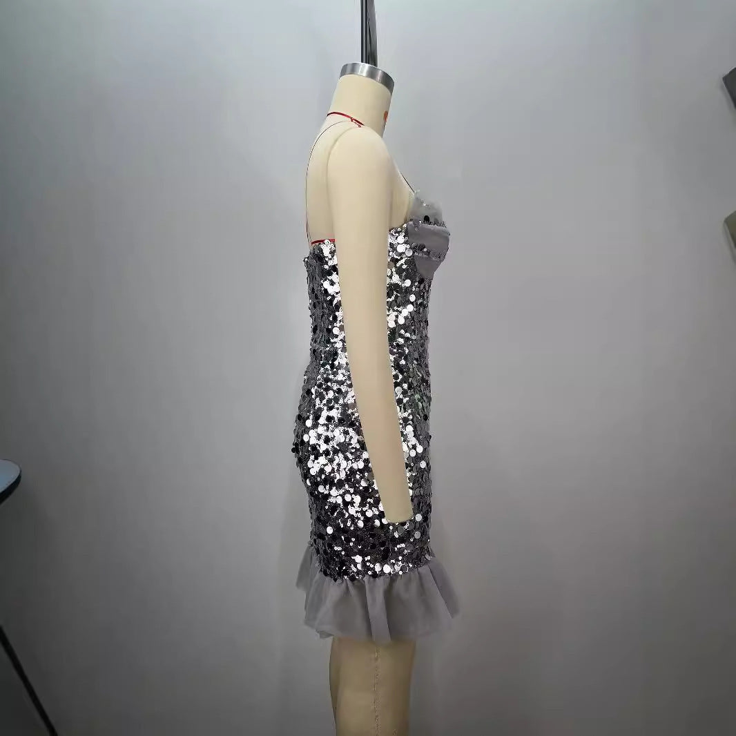 Backless Off-shoulder Tube Top Sequined Pleated Dress