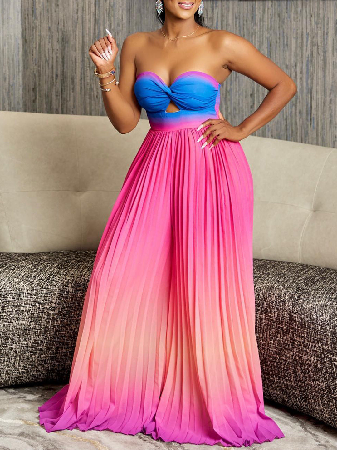 Summer Sexy Tube Top Backless Gradient Color Wide Leg Jumpsuit
