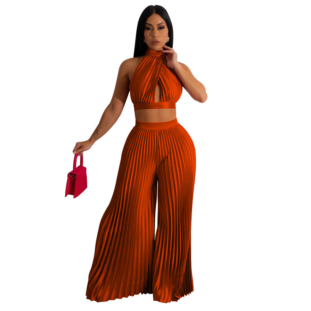Women's Halter Silk-like Pleated Wide-leg Pants Two-piece Set Orange