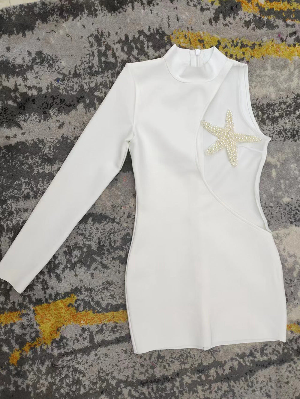 Mesh Five-pointed Star Beaded Bandage One-piece Dress White