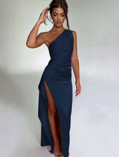 Sexy One-shoulder Backless Slit Dress Blue