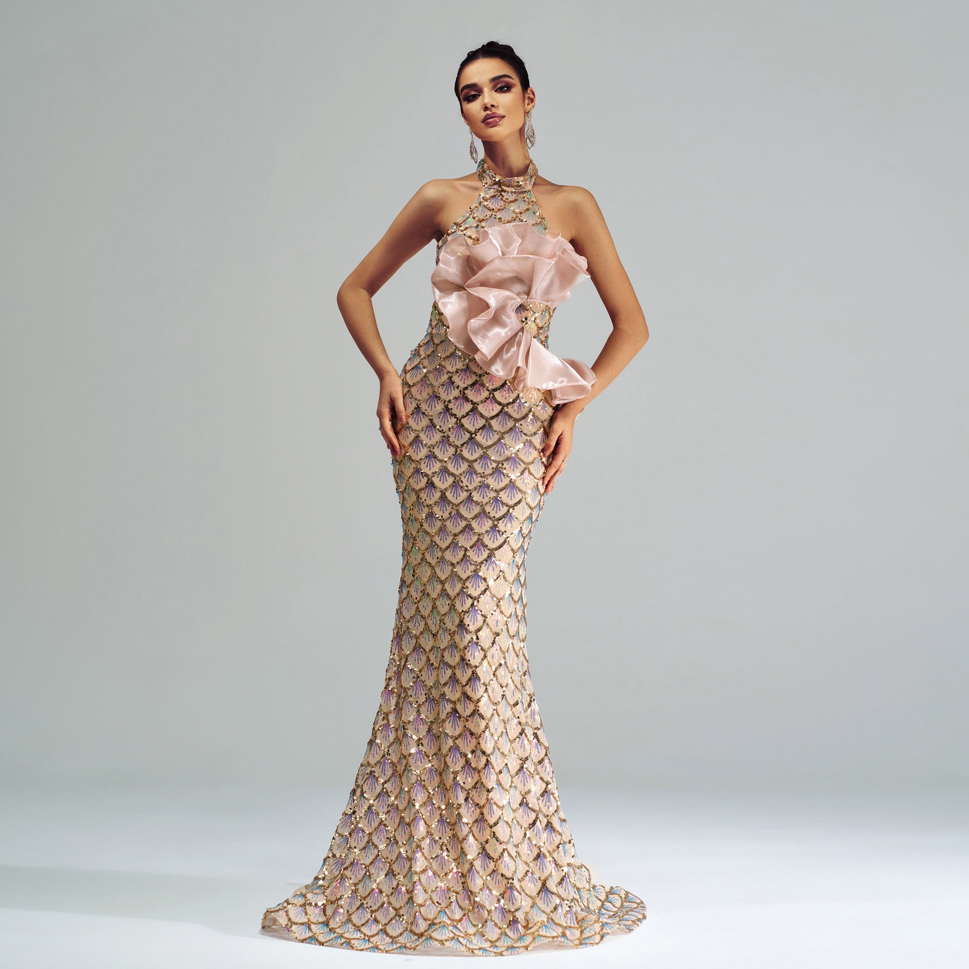 Women's Halter Sequined Mermaid Evening Dress