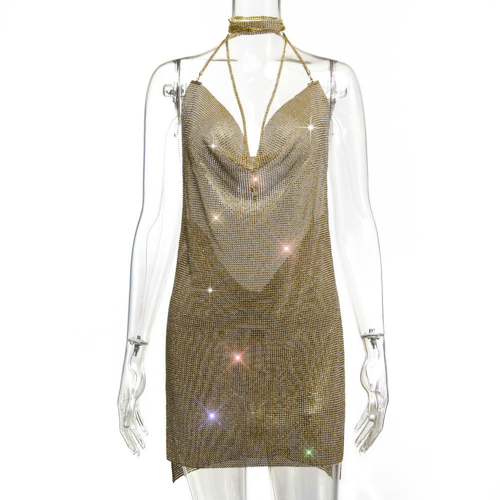 Backless Metal Sequins Brace Halter Dress Gold AB