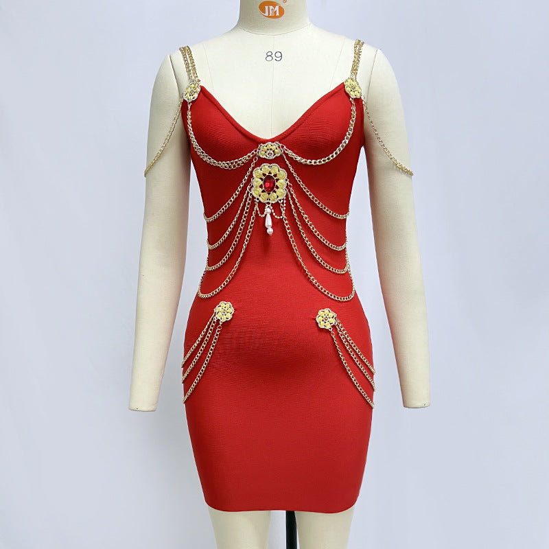Women's Gold Chain Bandage One-piece Dress Red