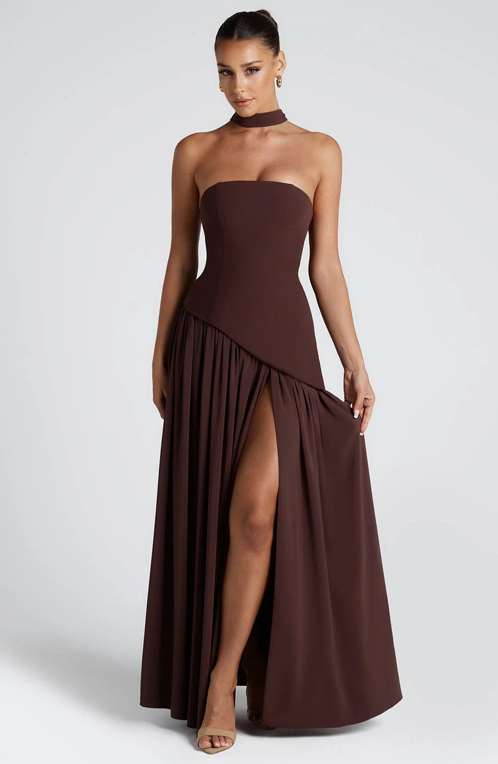 Sexy Backless Tube Top Split Dress Dark Brown