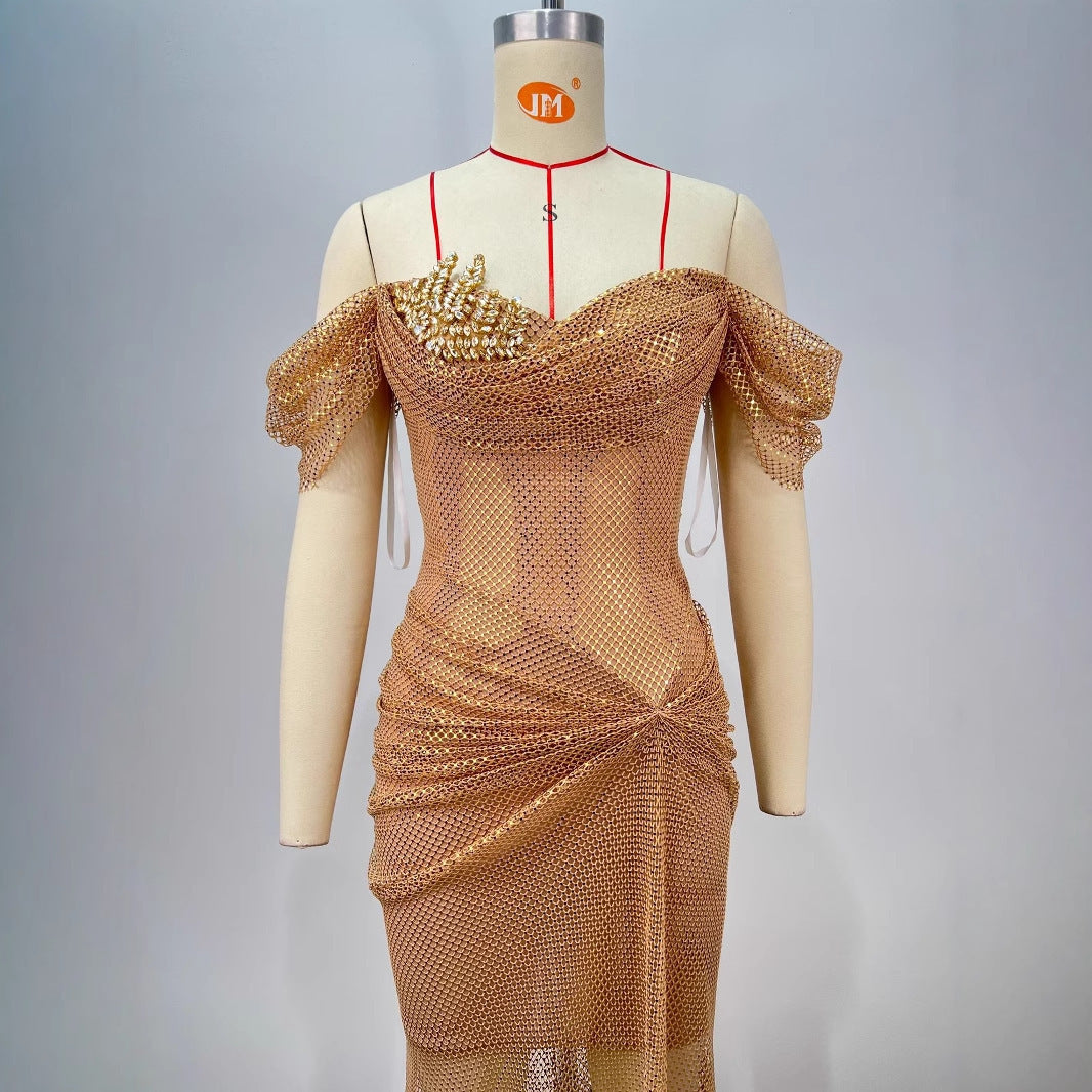 Elegant Golden Off-shoulder Backless Slim Fit Pleated Floor Dress