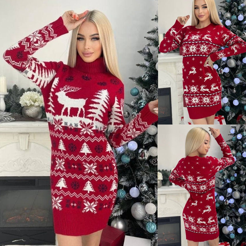 Women's Elk Christmas Tree Jacquard Long Dress Sweater