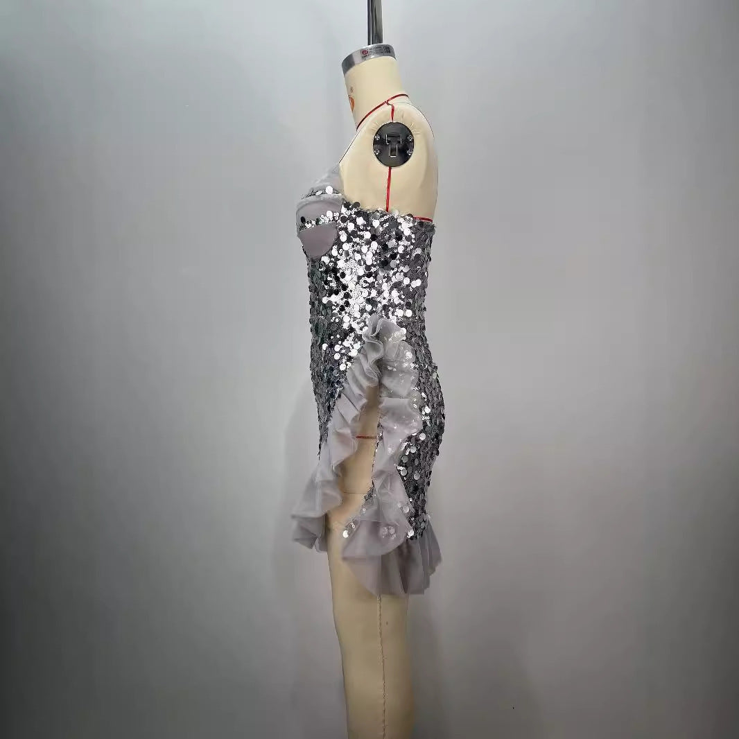 Backless Off-shoulder Tube Top Sequined Pleated Dress