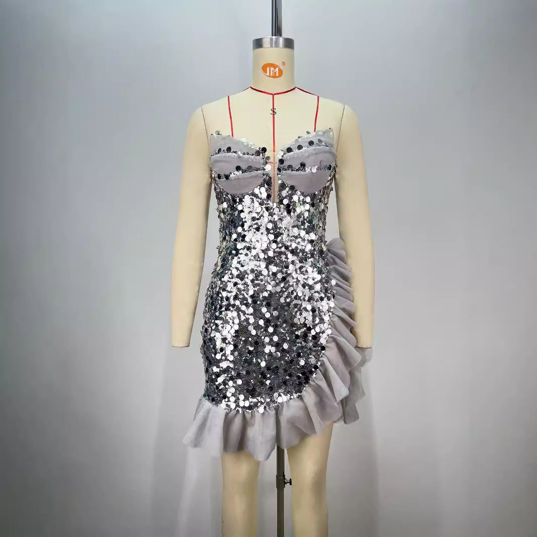 Backless Off-shoulder Tube Top Sequined Pleated Dress