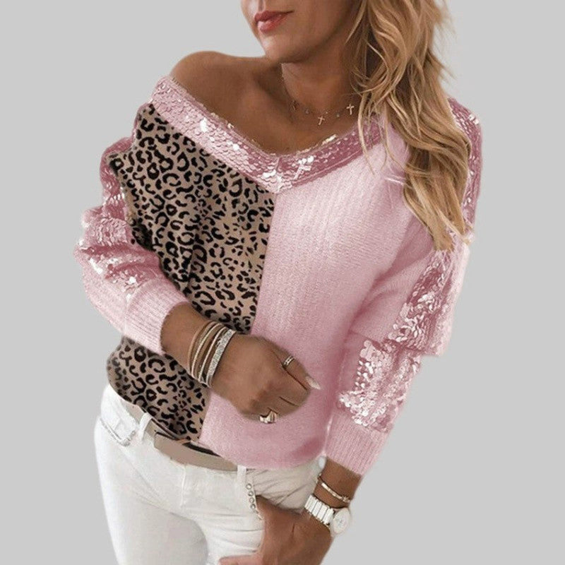 Women's Sequins Splice Leopard sweater