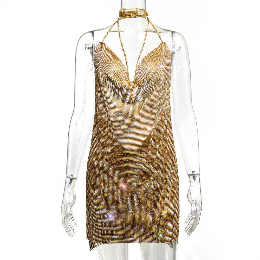 Backless Metal Sequins Brace Halter Dress Gold