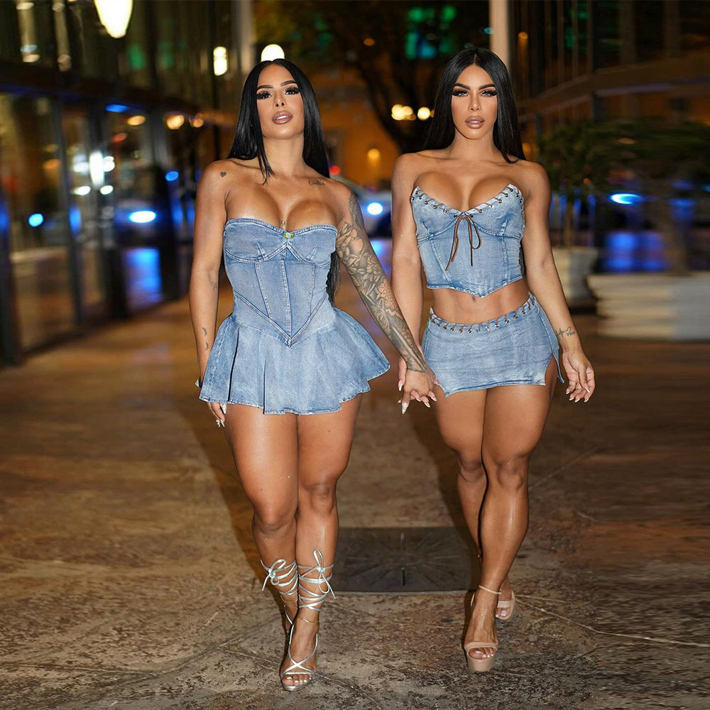 Denim Wash Water Wrapped Chest Backless Zipper Flounced Dress