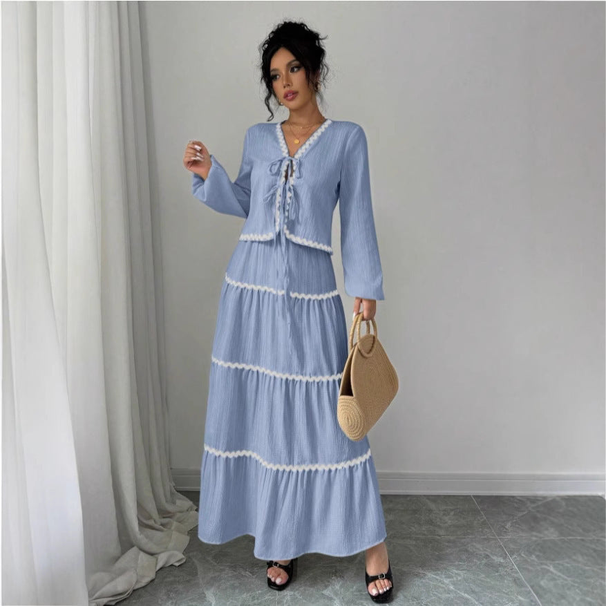 Women Lace Layered Pleated Skirt Suit