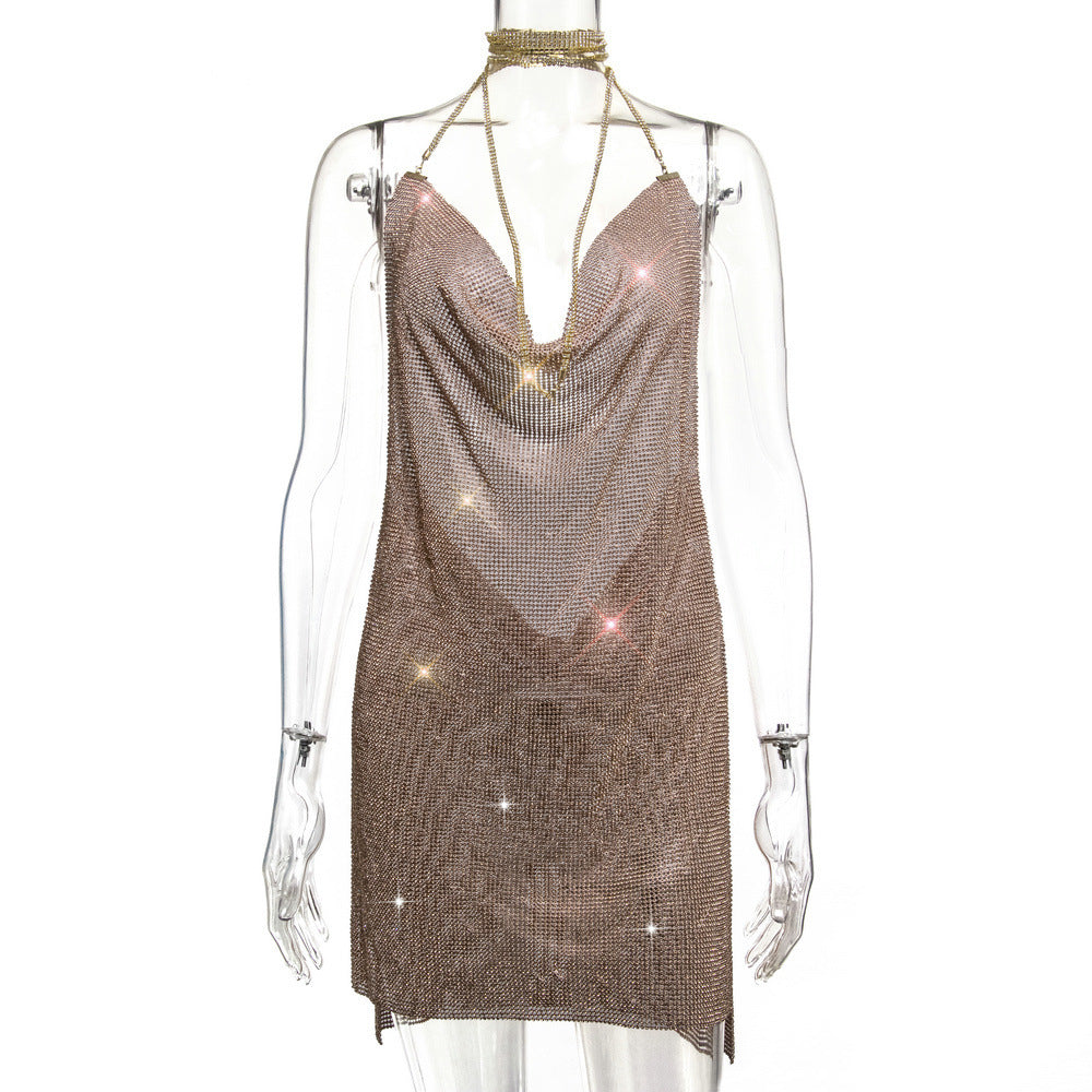 Backless Metal Sequins Brace Halter Dress champagne