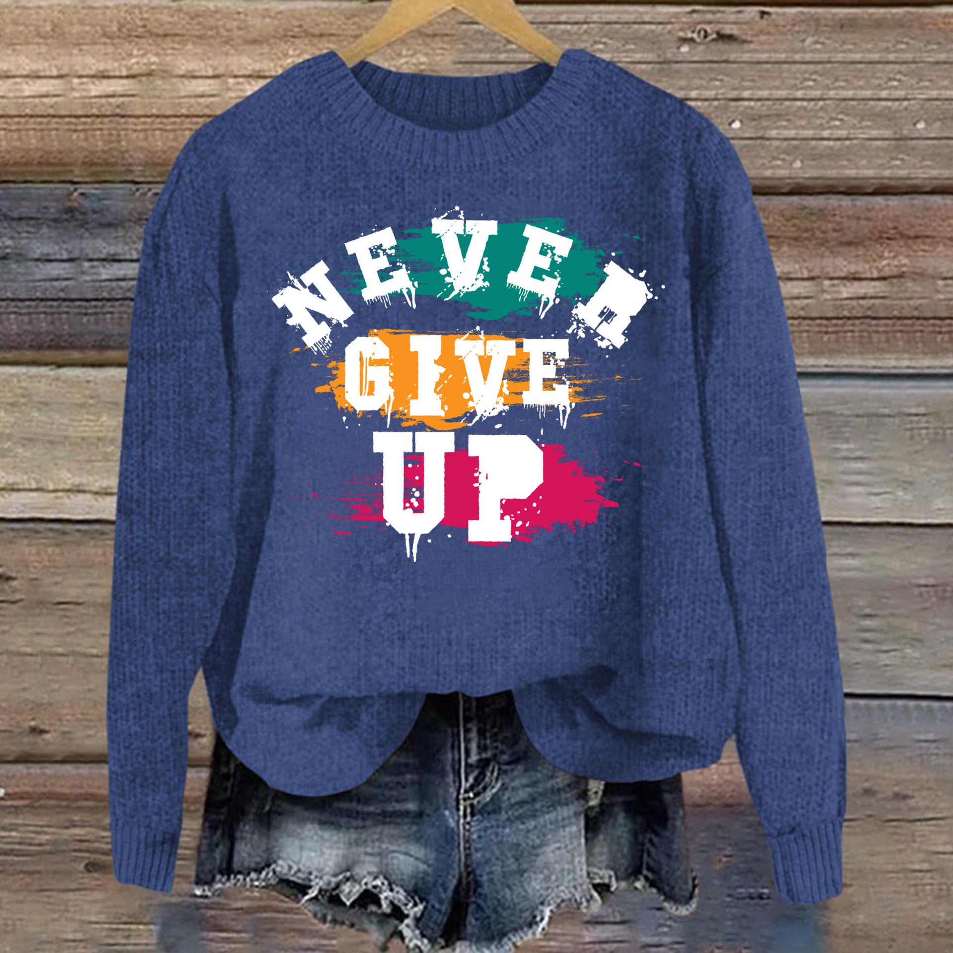 Women's Autumn And Winter Round Neck Sweater Blue