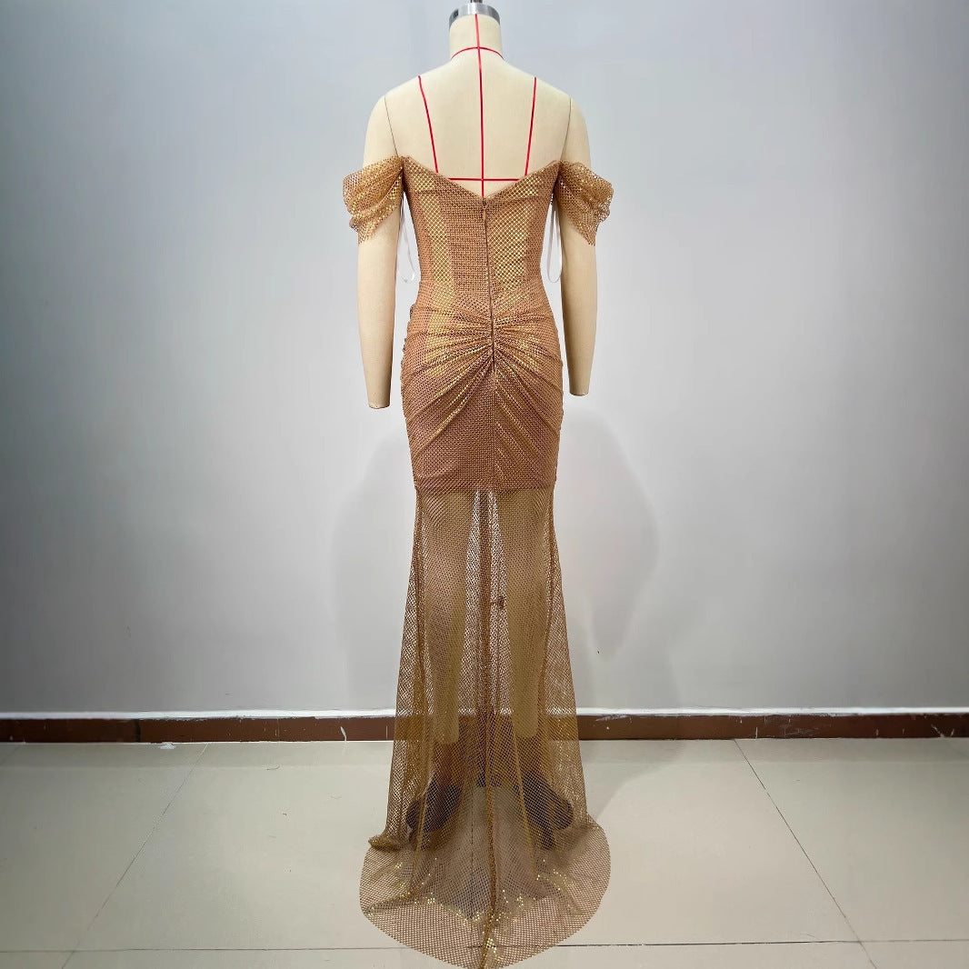 Elegant Golden Off-shoulder Backless Slim Fit Pleated Floor Dress