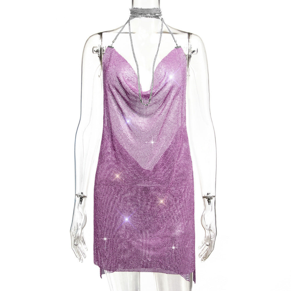 Backless Metal Sequins Brace Halter Dress Pink