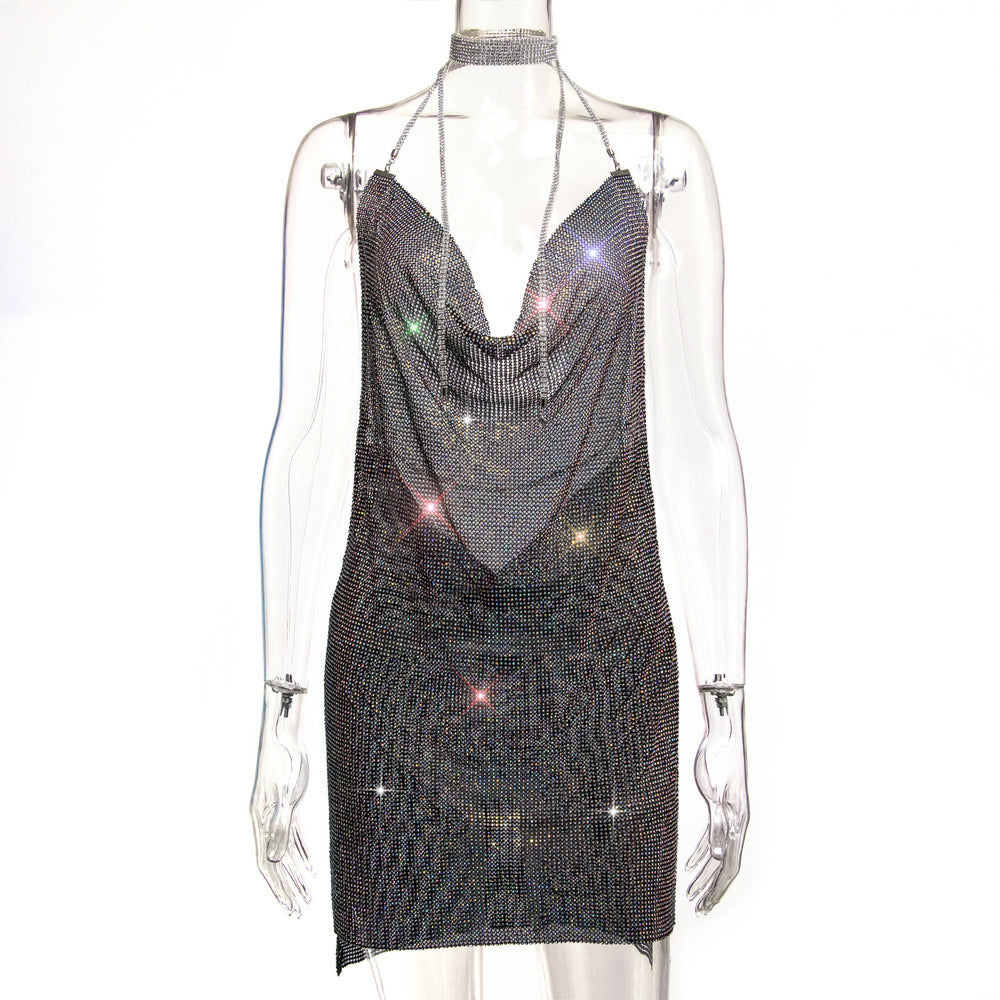 Backless Metal Sequins Brace Halter Dress Black AB