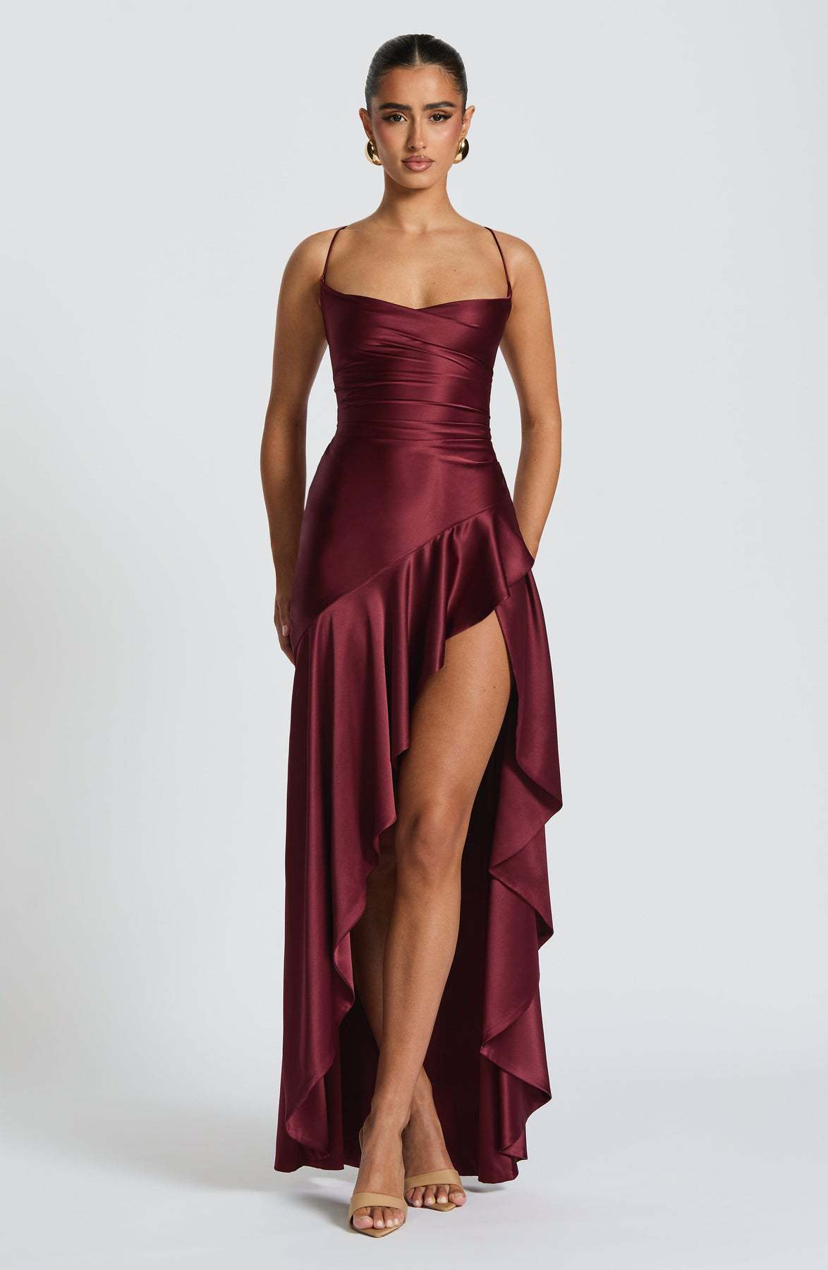 Women's Backless Ruffles Dress Wine red