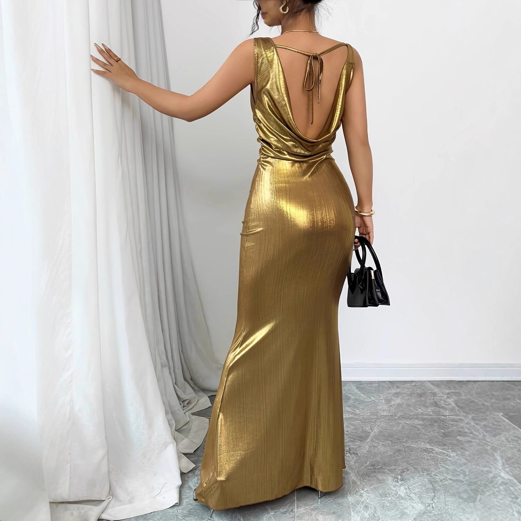 Women's Gold Deep V-neck Backless Slim Fit Long Dress