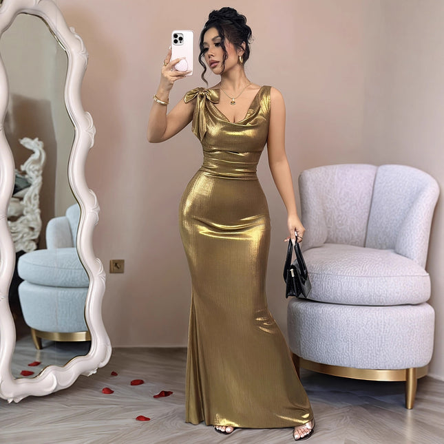 Women's Gold Deep V-neck Backless Slim Fit Long Dress