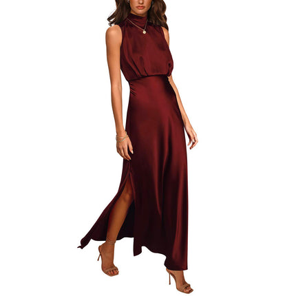 Women's Satin Stand Collar Sleeveless Maxi Dress | 7 Colours Wine Red