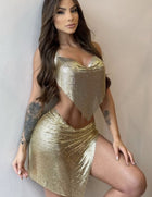 Blue Sleeveless Sling Skirt Metal Sequin Set Gold