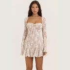 Lace Square Collar Bell-bottom Dress Apricot