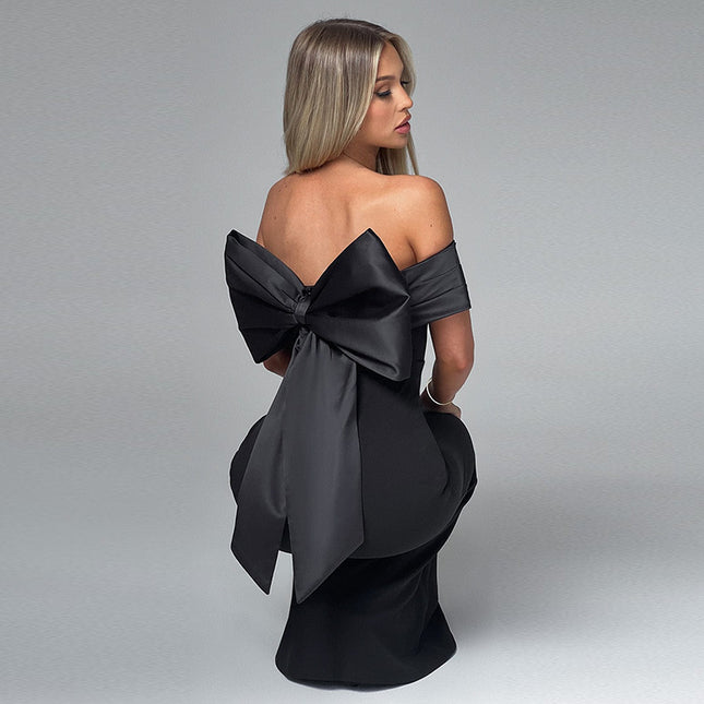 Elegant Bow Off-shoulder Dress Black