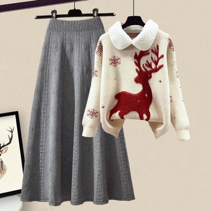 All-matching Knitted Sweater Skirt Two-piece Set white suit